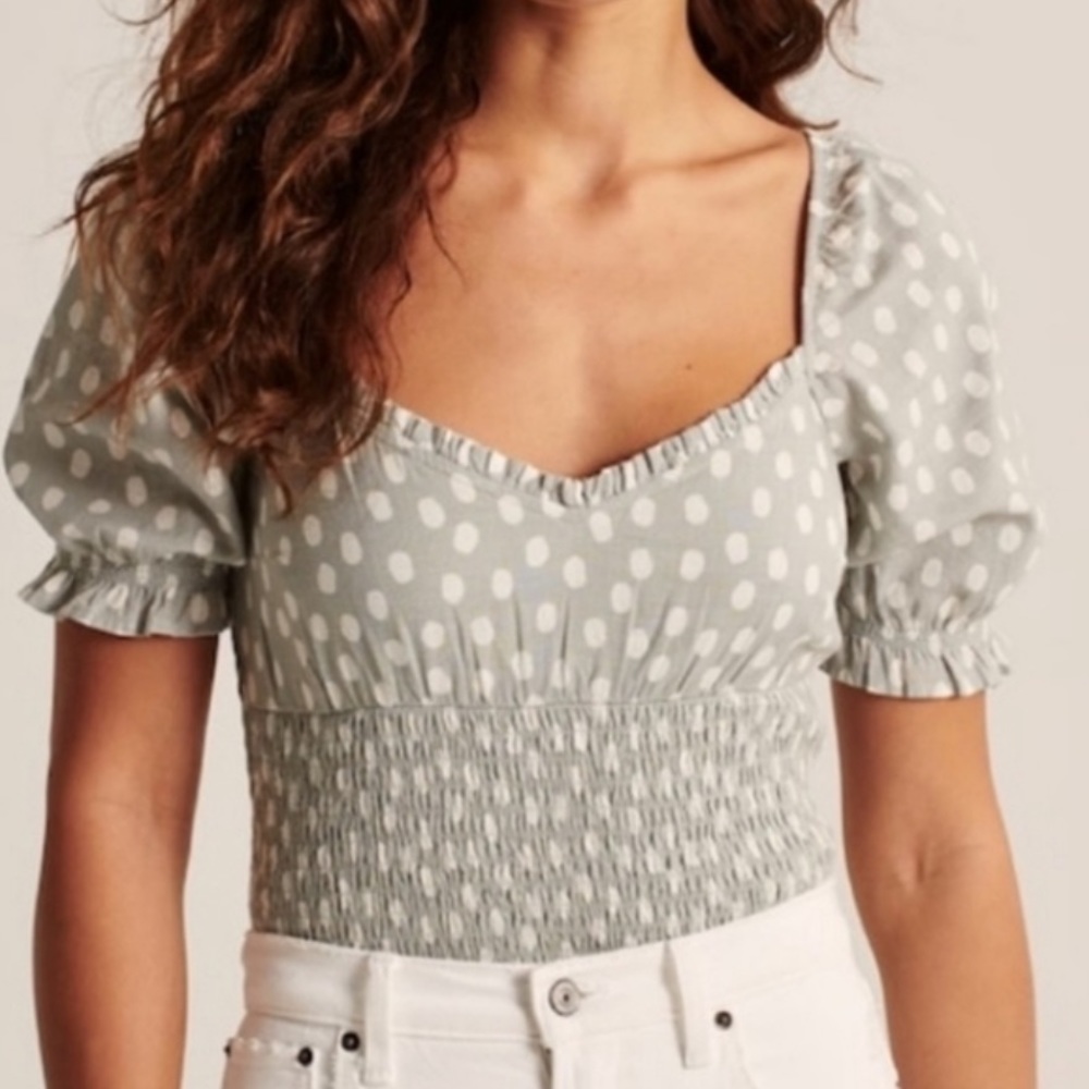 Abercrombie & Fitch Green & White Polka Dot Ruched Top (Small)
